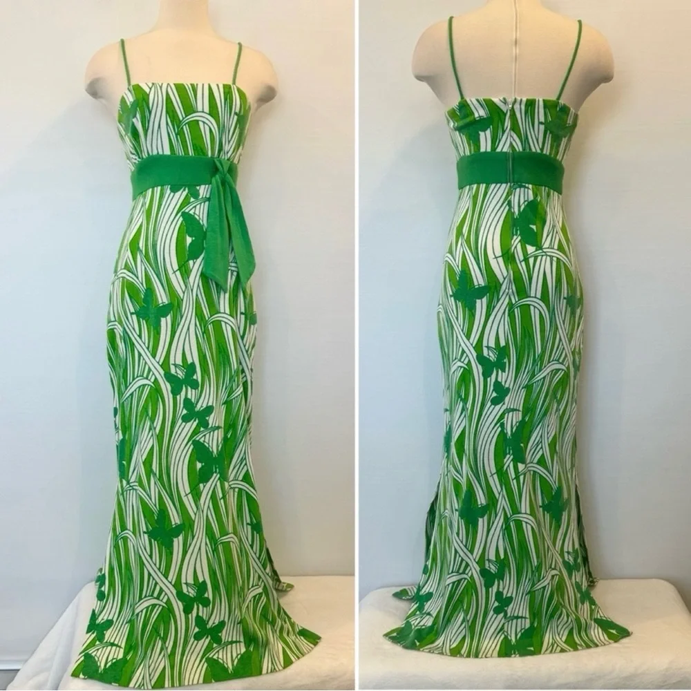 Miss Shaheen Vintage Hawaiian Butterfly Print Green Maxi Dress Column Gown 10 - Picture 7 of 12